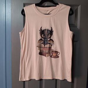 Graphic Sleeveless Tee with Cute Dragon Reading Design
